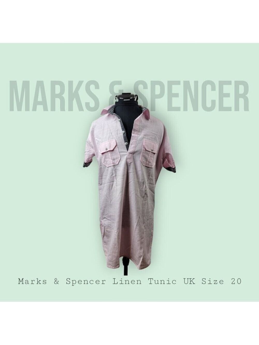 Marks & Spencer Linen Tunic Dress UK 20 Pink Button Front Chest Pockets